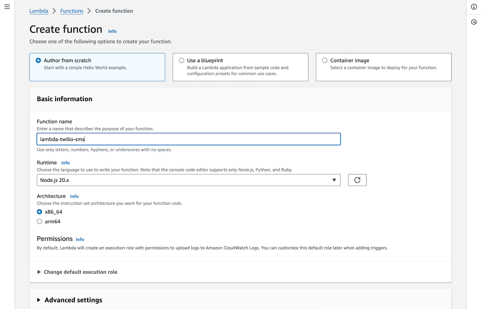 AWS Lambda Function creation wizard with different properties like Function Name, Runtime, etc.