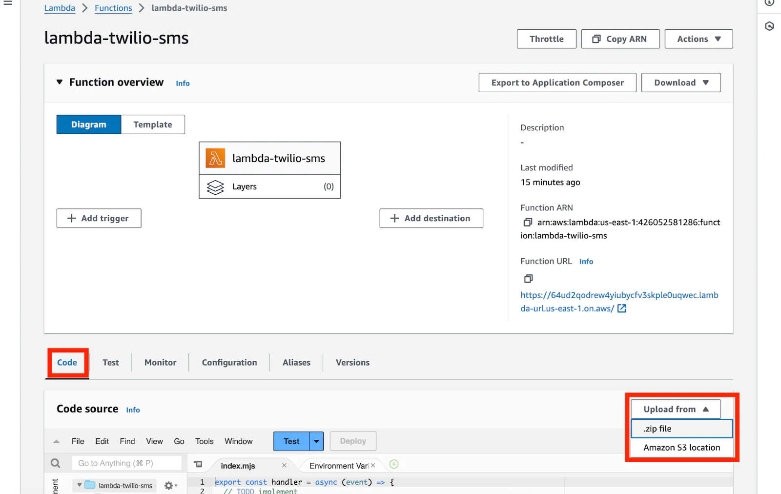 lambda-twilio-sms Lambda Function overview with Code tab highlighted with functionality to upload .zip file lambda-twilio-sms Lambda Function overview with Code tab highlighted with functionality to upload .zip file