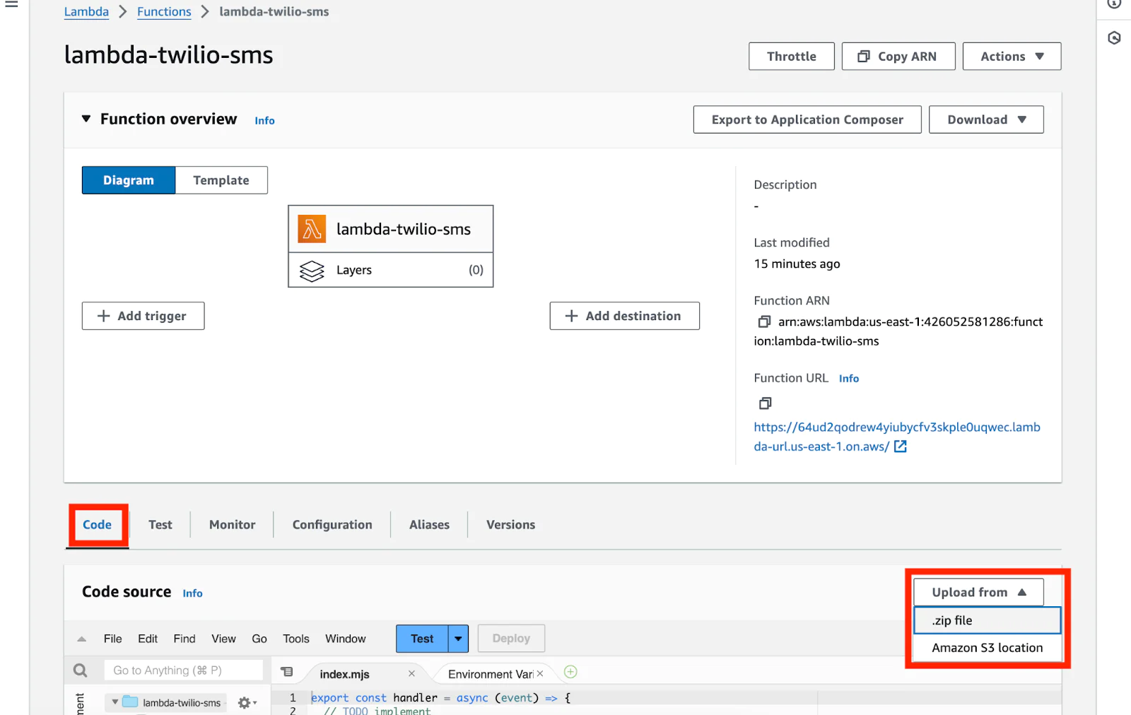 lambda-twilio-sms Lambda Function overview with Code tab highlighted with functionality to upload .zip file