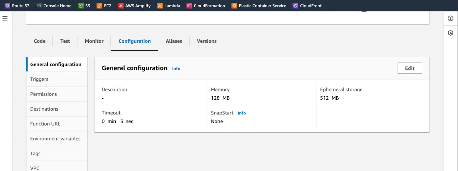 Configuration tab in the Lambda Function Settings with General Configuration selected Configuration tab in the Lambda Function Settings with General Configuration selected