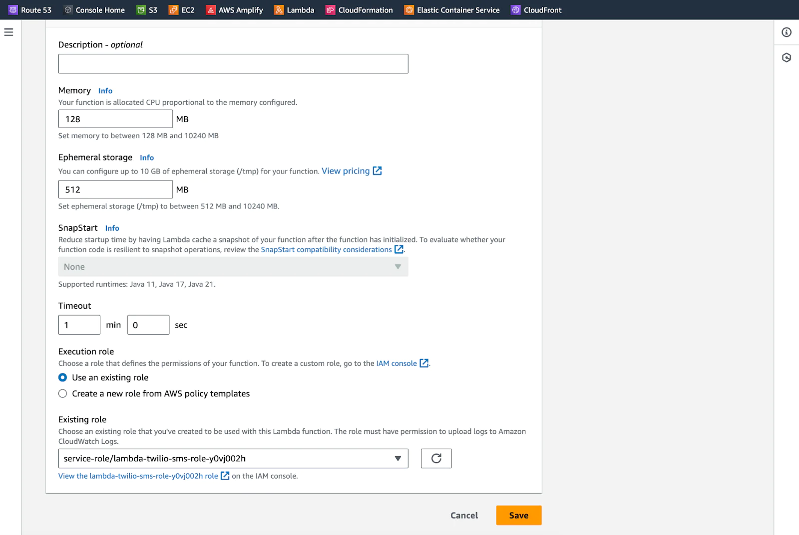 Timeout setting in the Lambda Function configuration changed to 1 minute, default is 3 seconds