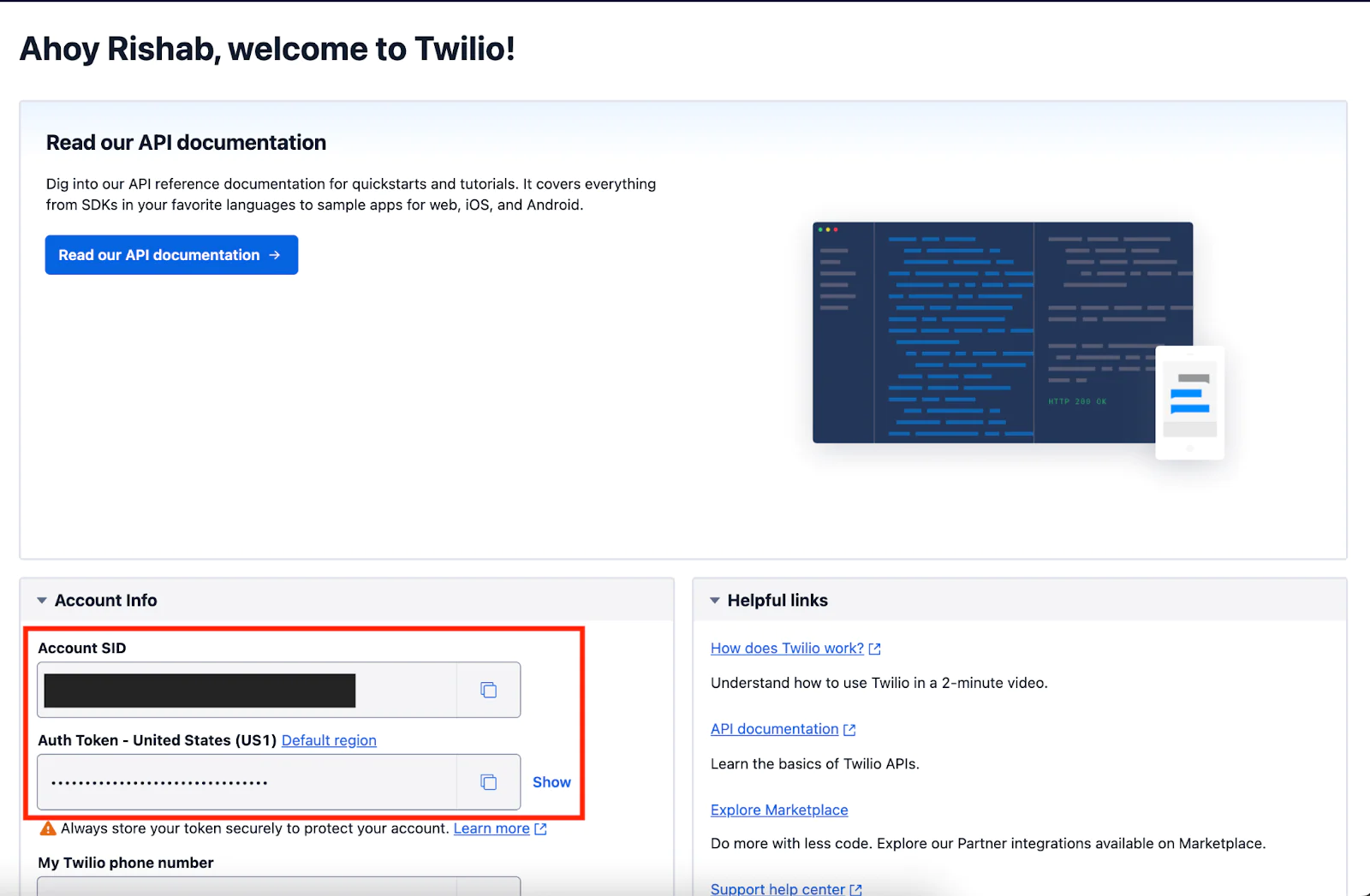 Twilio Console home screen with Account SID and Auth token highlighted