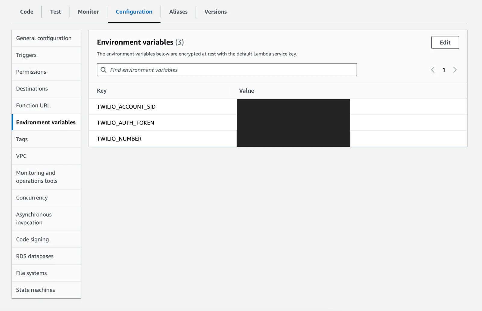 Configuration tab in Lambda Function, with Environment Variables setting selected. Added Twilio secrets in Environment Variables. Configuration tab in Lambda Function, with Environment Variables setting selected. Added Twilio secrets in Environment Variables.