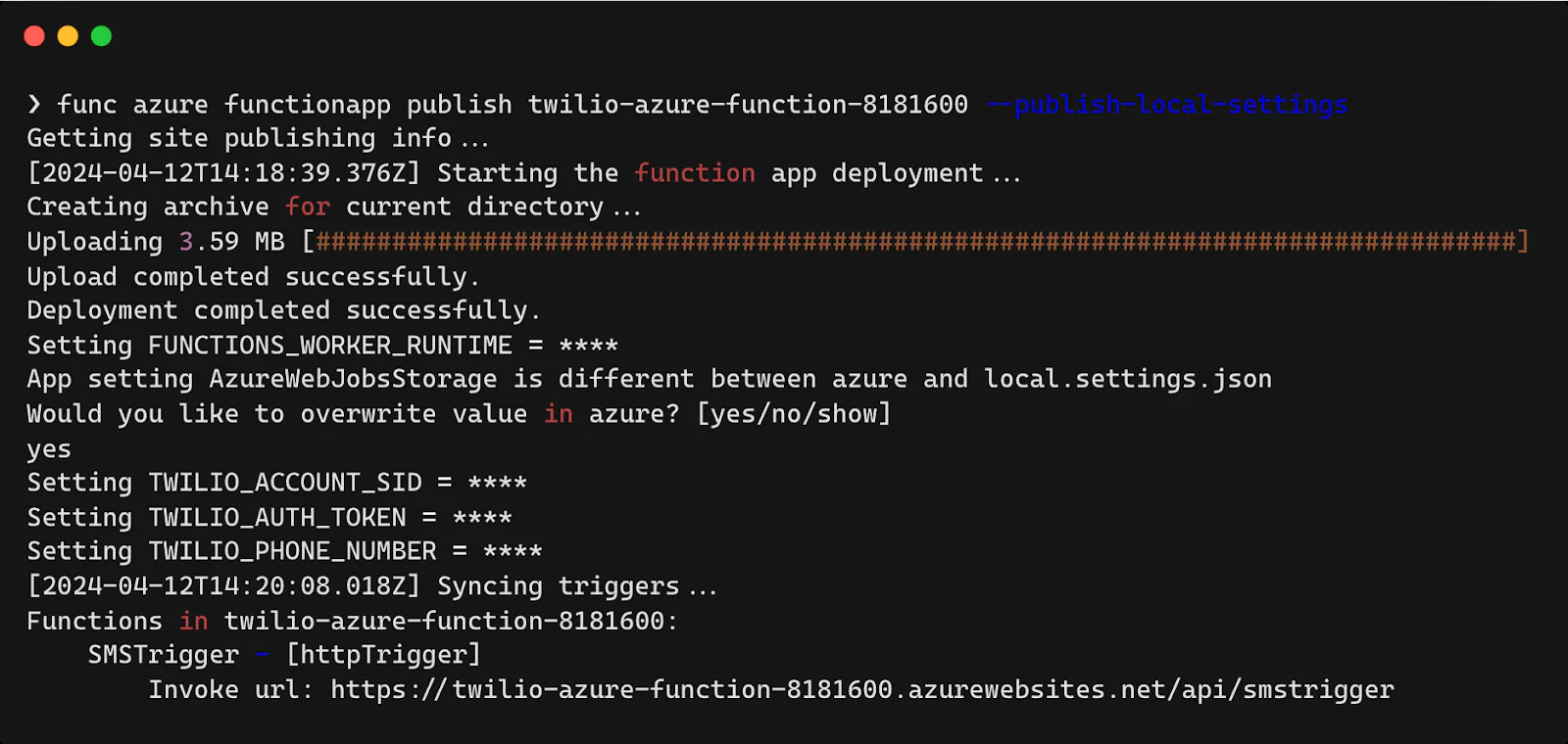 Azure Functions CLI functionapp publish command output.