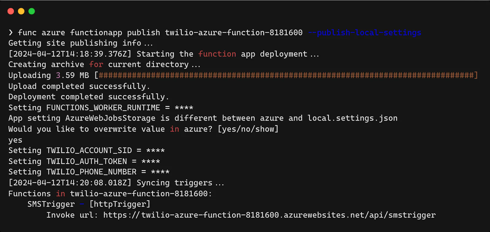 Azure Functions CLI functionapp publish command output. Azure Functions CLI functionapp publish command output.
