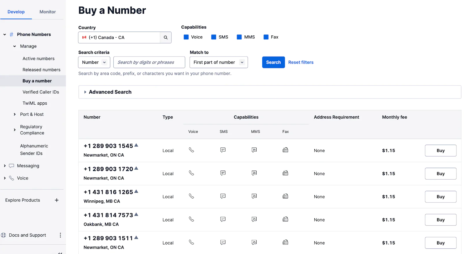 Buy a number screen in Twilio Console, with numbers from Canada