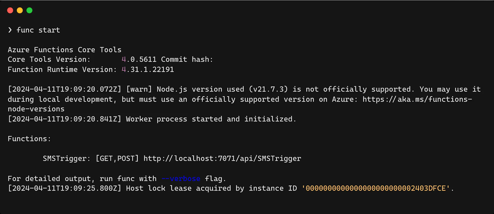 Azure Functions CLI command "func start" output