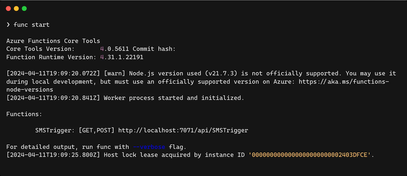 Azure Functions CLI command "func start" output Azure Functions CLI command "func start" output