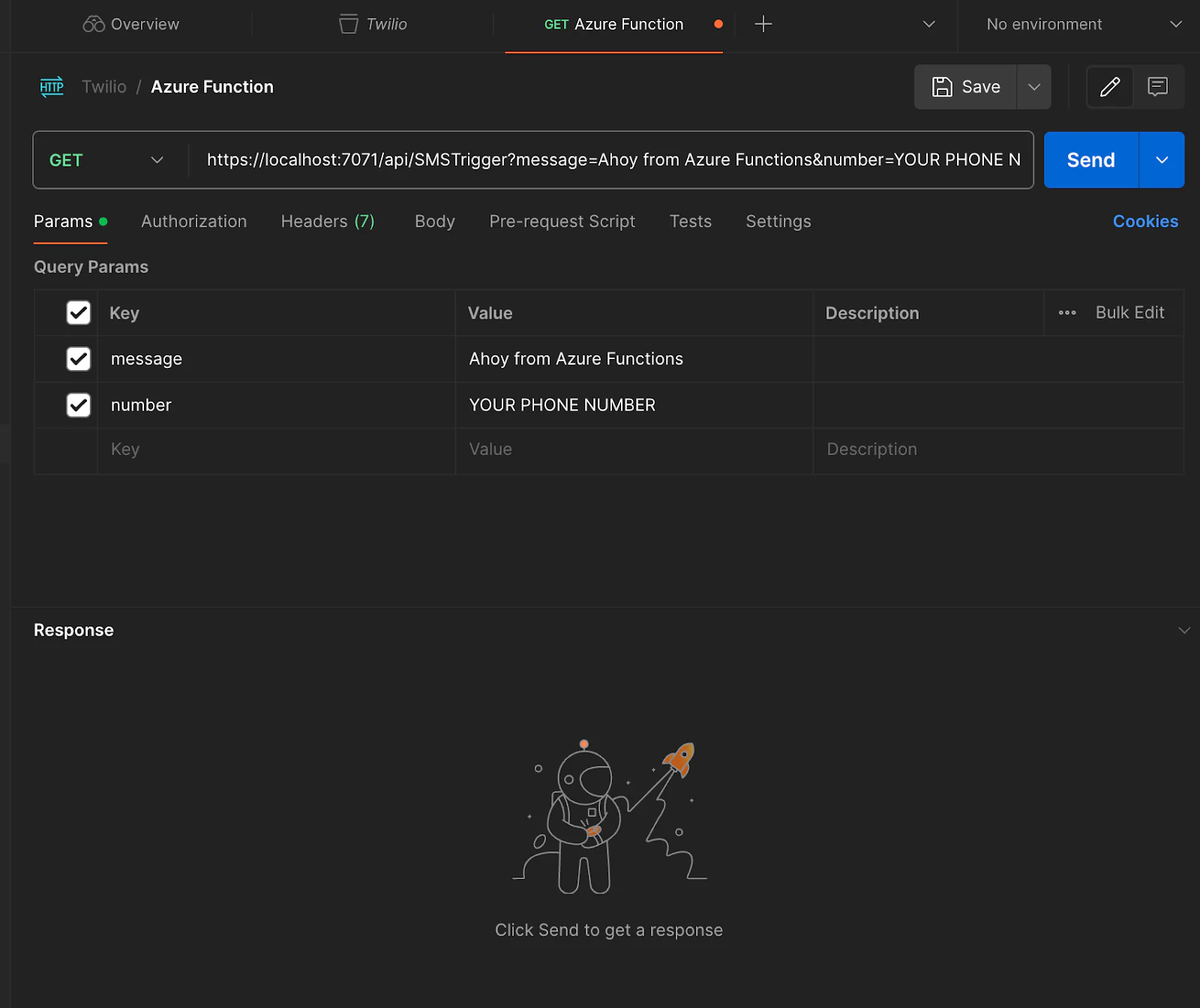 Postman application with GET request to the local azure function with message and number parameters.