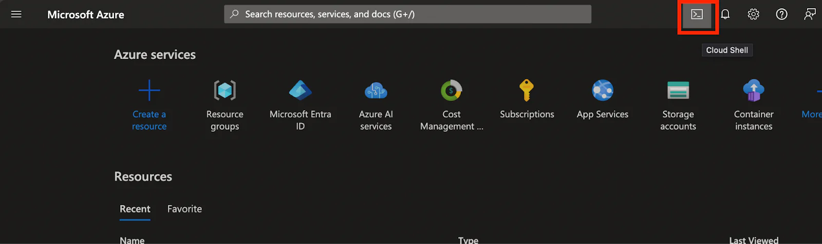 Azure Portal with Cloud Shell icon on top right highlighted.