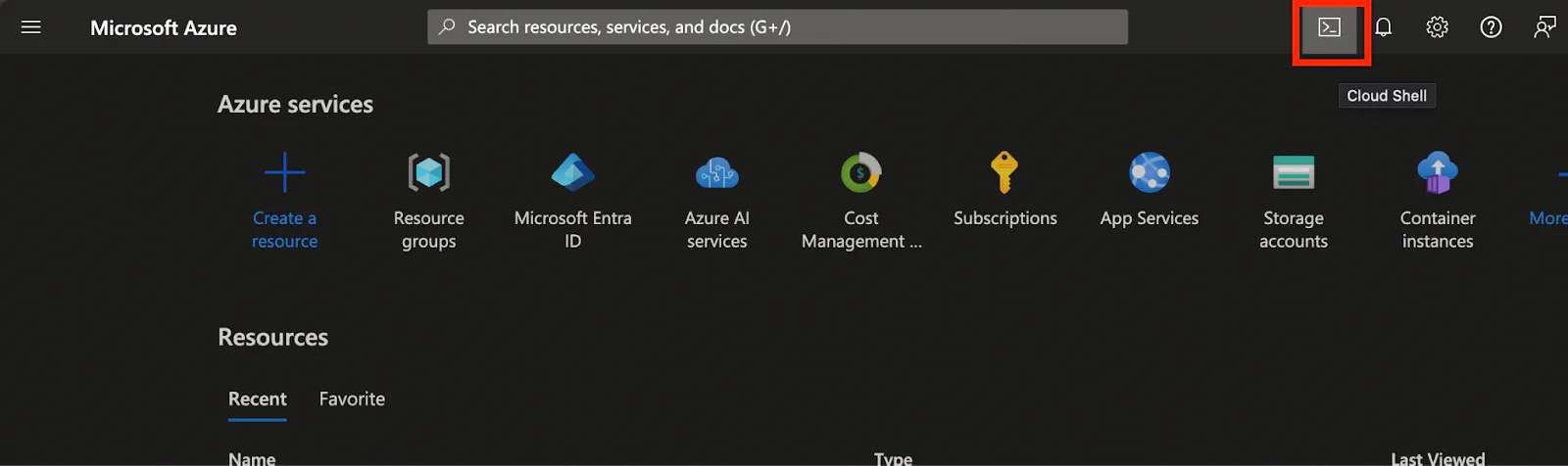 Azure Portal with Cloud Shell icon on top right highlighted. Azure Portal with Cloud Shell icon on top right highlighted.