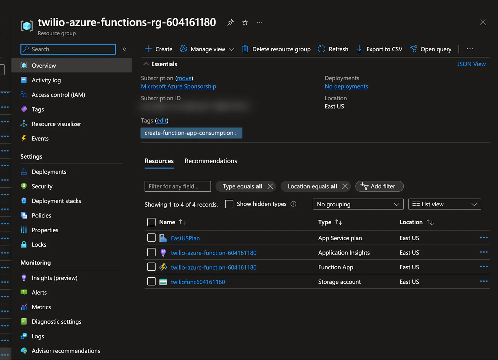 Azure Portal with twilio-azure resource group open with all resources we created.