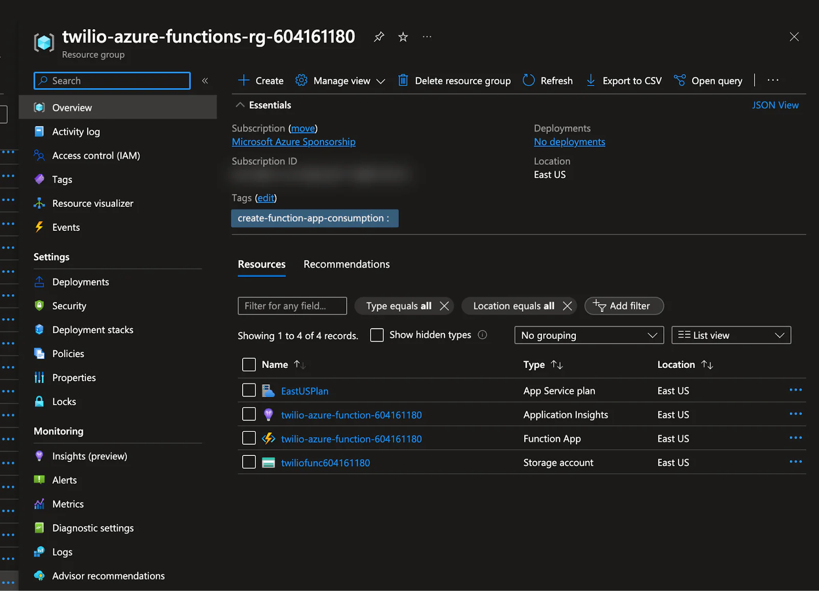 Azure Portal with twilio-azure resource group open with all resources we created. Azure Portal with twilio-azure resource group open with all resources we created.