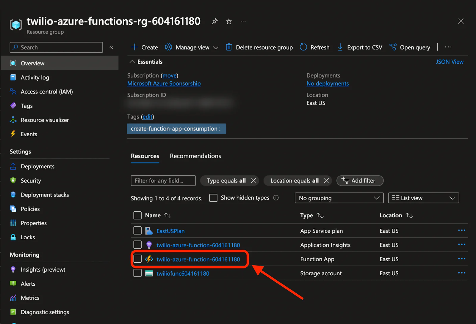 Azure Portal with twilio-azure resource group open, highlighting Azure Function App.