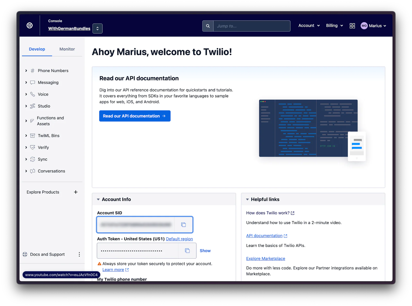 Twilio Console showing the auth token