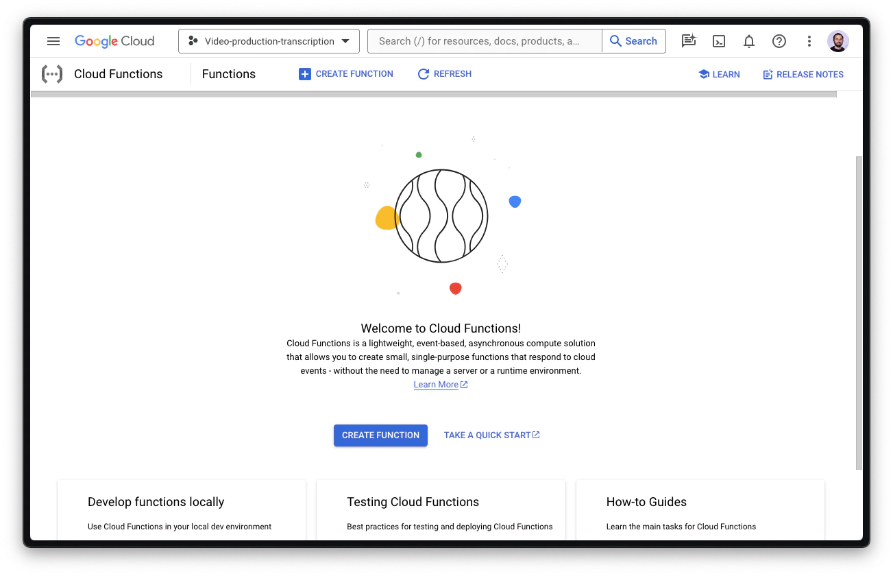 GCP console to create a new function GCP console to create a new function