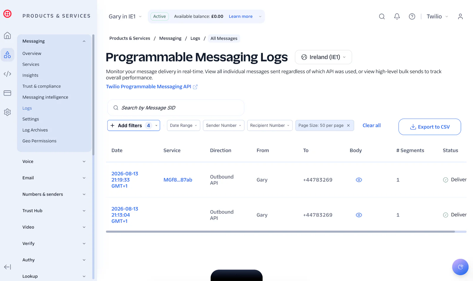 Screenshot of Twilio Programmable Messaging Logs interface showing message details and status.