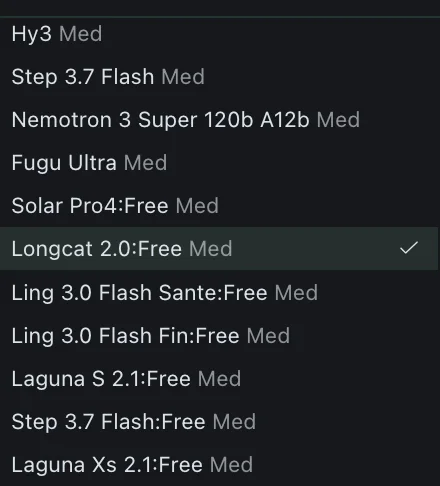 example showing free models, with 'longcat 2.0' selected.