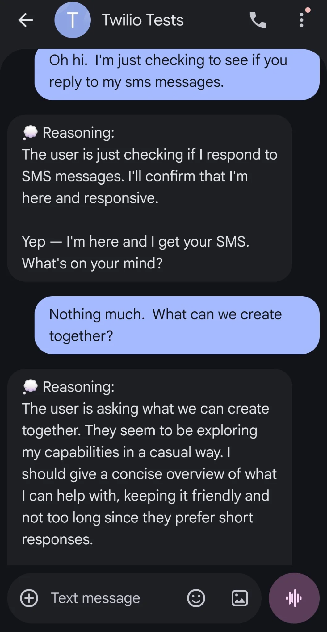 screenshot from my phone showing the AI sending me SMS messages.