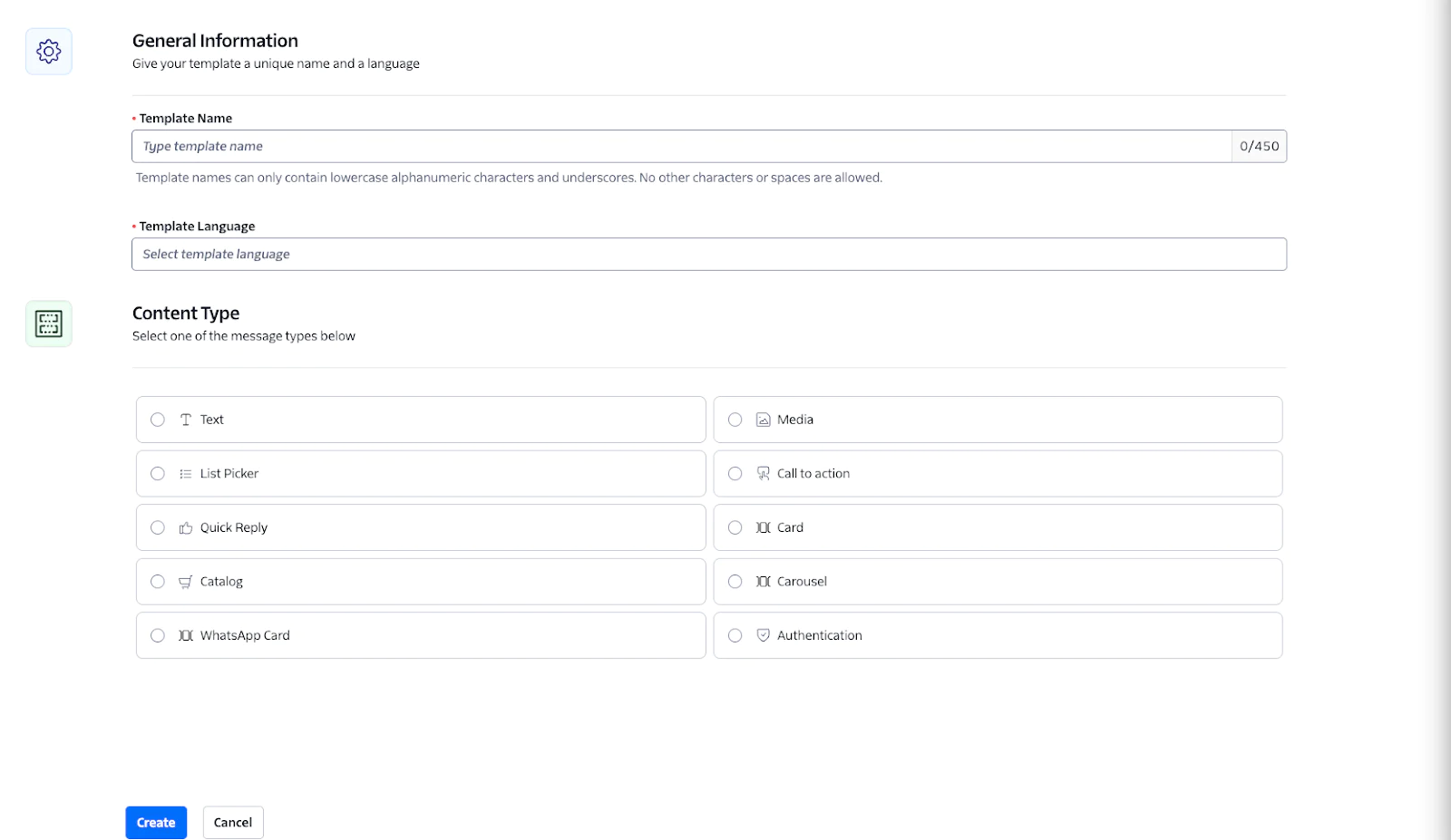 Screenshot of a web form used for creating a template with options for text, media, and other content types. Screenshot of a web form used for creating a template with options for text, media, and other content types.