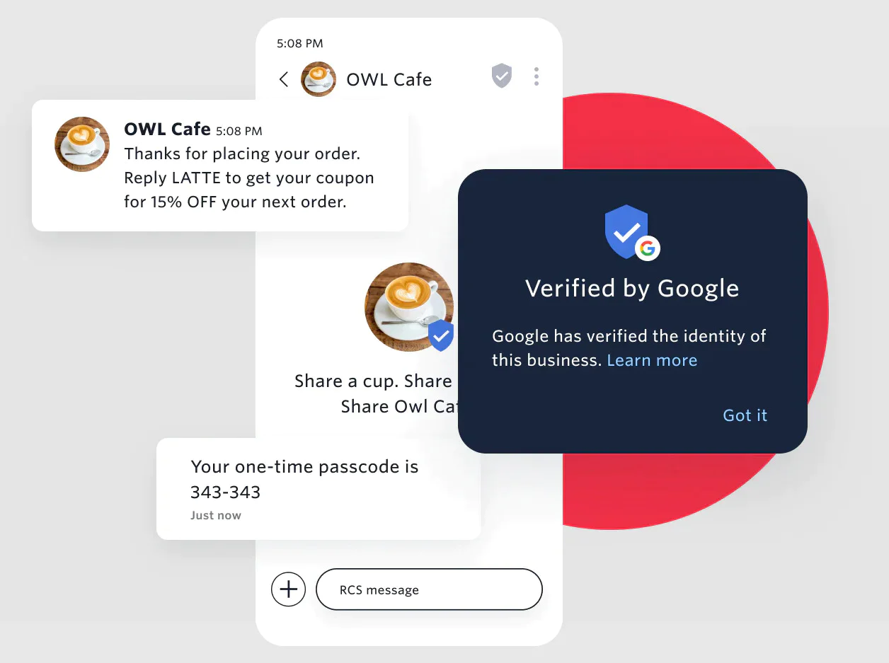 Messaging interface showing OWL Cafe order confirmation, code delivery, and Google verification notification. Messaging interface showing OWL Cafe order confirmation, code delivery, and Google verification notification.