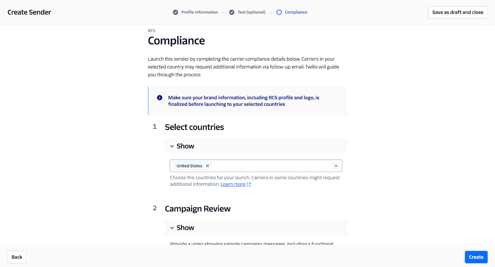 Compliance section of the Create Sender form with options to select countries and review campaigns. Compliance section of the Create Sender form with options to select countries and review campaigns.