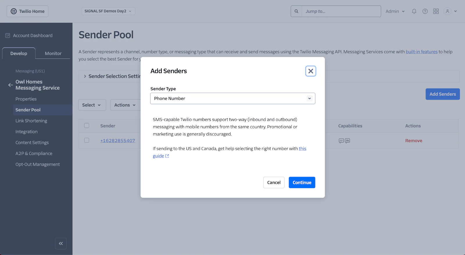 Twilio interface showing a modal for adding a sender phone number to the messaging service. Twilio interface showing a modal for adding a sender phone number to the messaging service.
