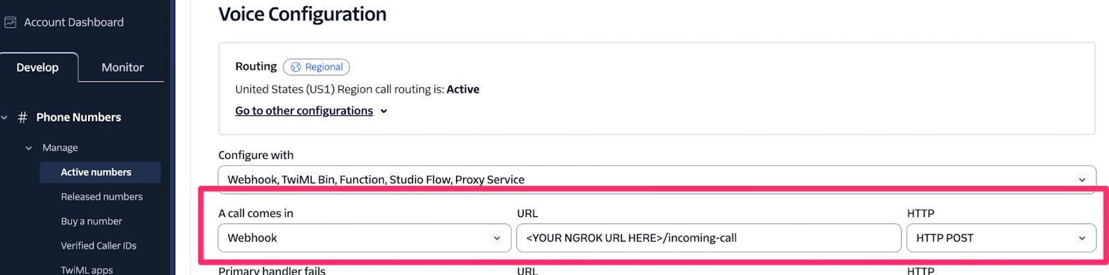 Twilio Voice Configuration screen showing webhook URL setup for incoming calls. Twilio Voice Configuration screen showing webhook URL setup for incoming calls.