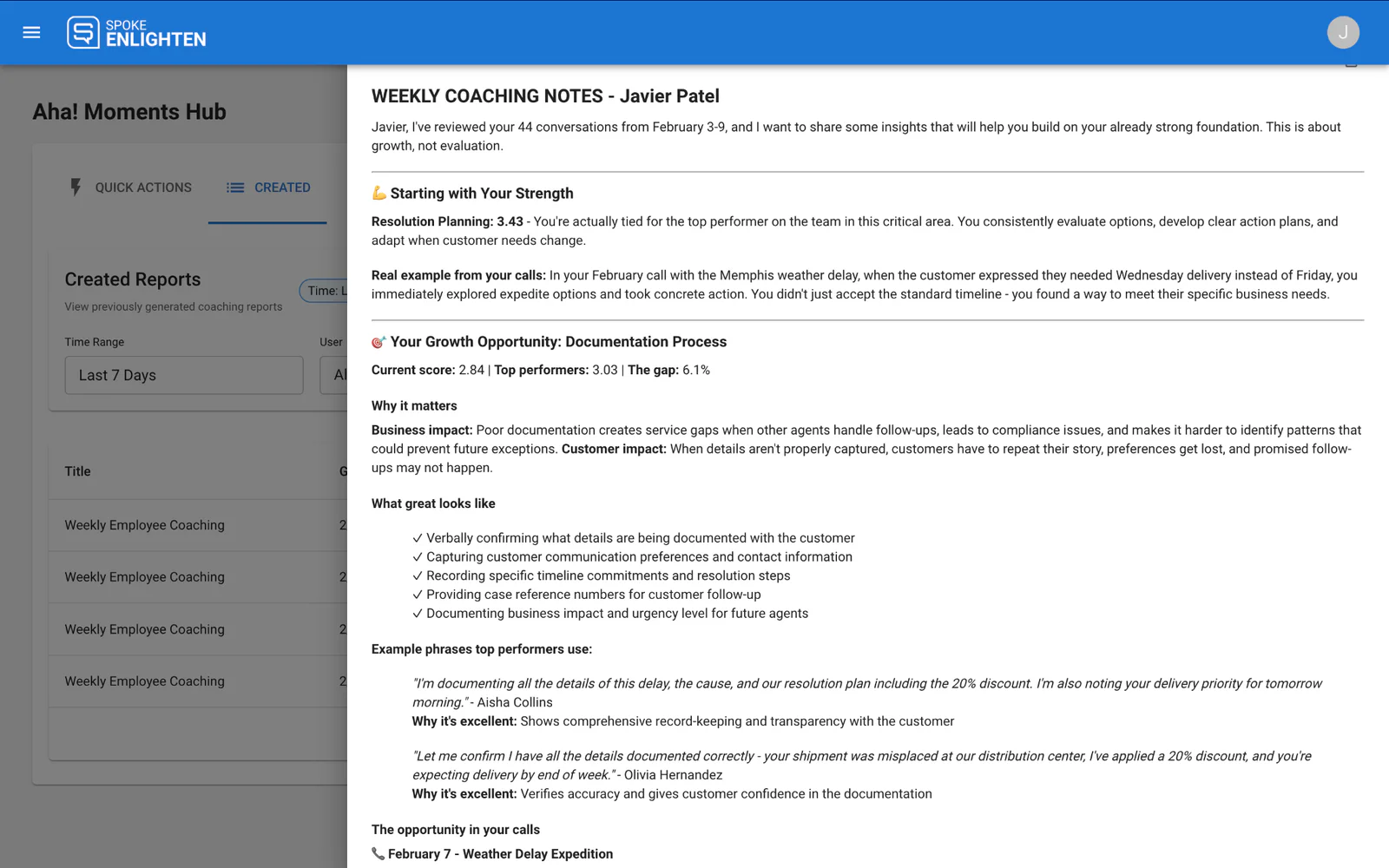 Screenshot of a document showing coaching notes focused on strengths, opportunities, and examples.