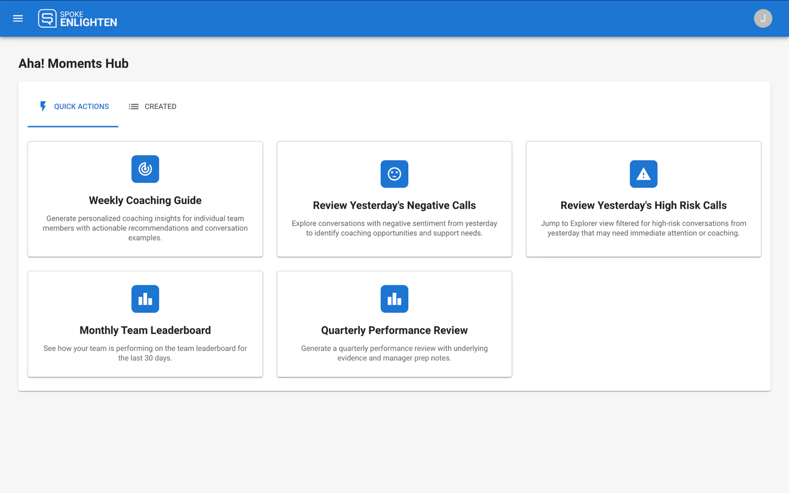 Dashboard showing various options for coaching guides, call reviews, leaderboards, and performance reviews.