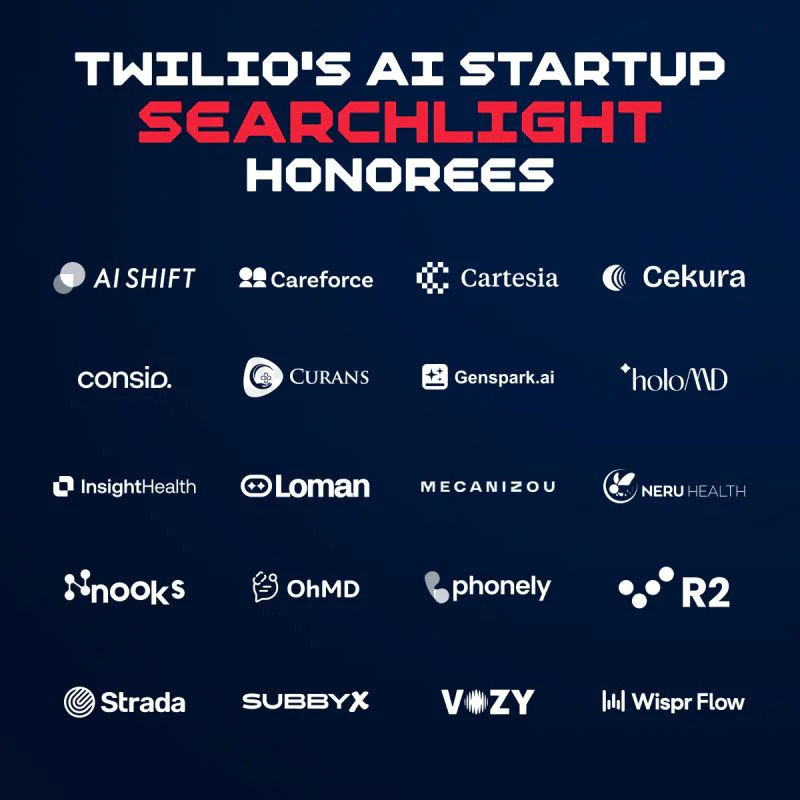 Twilio's AI Startup Searchlight honorees, listing company logos and names of various innovative startups.