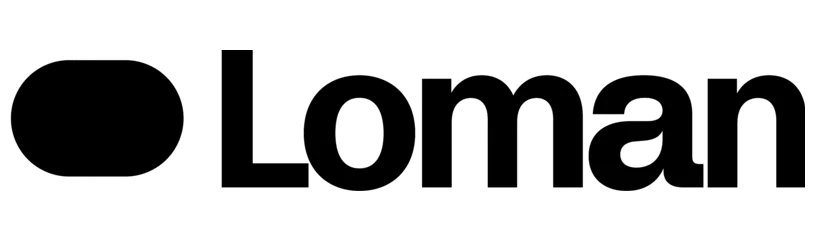 Black circle followed by the word Lomans in bold black letters with a rectangular outline.