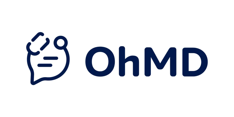 Logo of OhMD featuring a speech bubble with medical icons and the text 'OhMD' beside it.