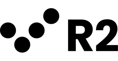Logo with four black dots in a diagonal line and the text R2 in bold black letters.