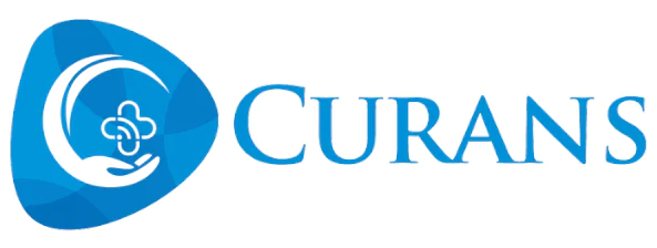 Blue logo of Curans featuring a hand holding a circular icon with connected dots.