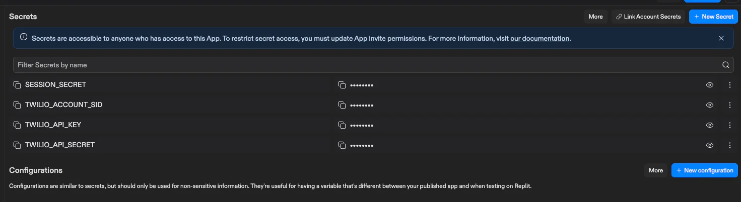 Screengrab showing a web interface with options to manage secrets like session, Twilio and API keys.