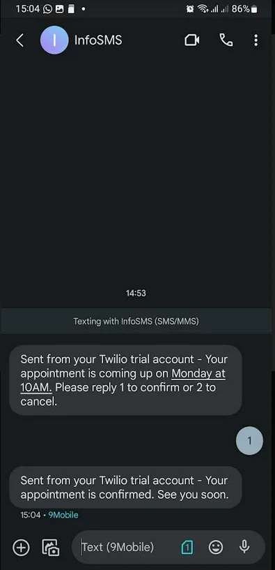 The received SMS from Twilio after making the API call. The received SMS from Twilio after making the API call.