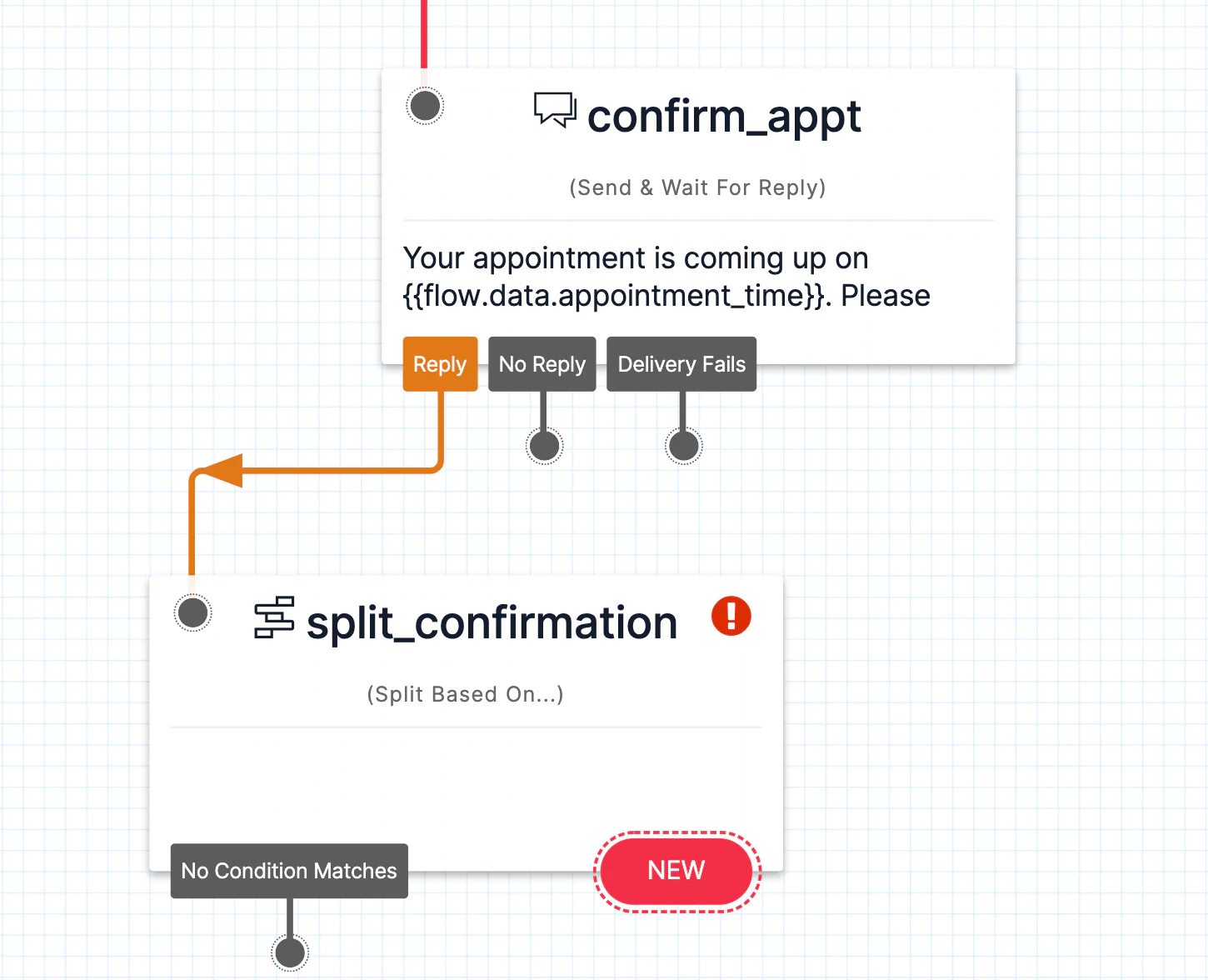 Twilio Studio Tutorial Appointment Reminders Split Based On... Widget placed on Canvas that will evaluate the response to the Send & Wait For Reply Widget. Twilio Studio Tutorial Appointment Reminders Split Based On... Widget placed on Canvas that will evaluate the response to the Send & Wait For Reply Widget.