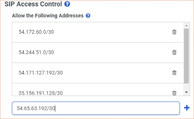 A screenshot of the SIP Access Control list in Genesys Cloud, populated with Twilio IP addresses.