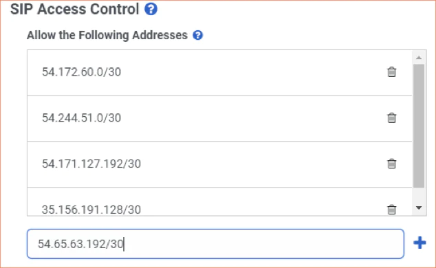 A screenshot of the SIP Access Control list in Genesys Cloud, populated with Twilio IP addresses. A screenshot of the SIP Access Control list in Genesys Cloud, populated with Twilio IP addresses.