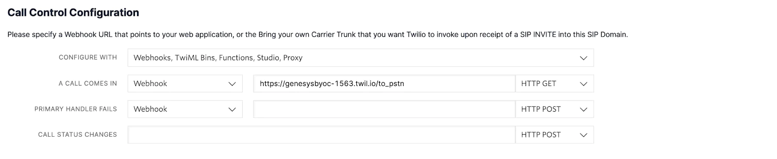A screenshot of the Call Control Configuration in the Twilio Console, showing a webhook configured for calls coming in.