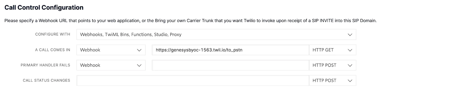 A screenshot of the Call Control Configuration in the Twilio Console, showing a webhook configured for calls coming in. A screenshot of the Call Control Configuration in the Twilio Console, showing a webhook configured for calls coming in.