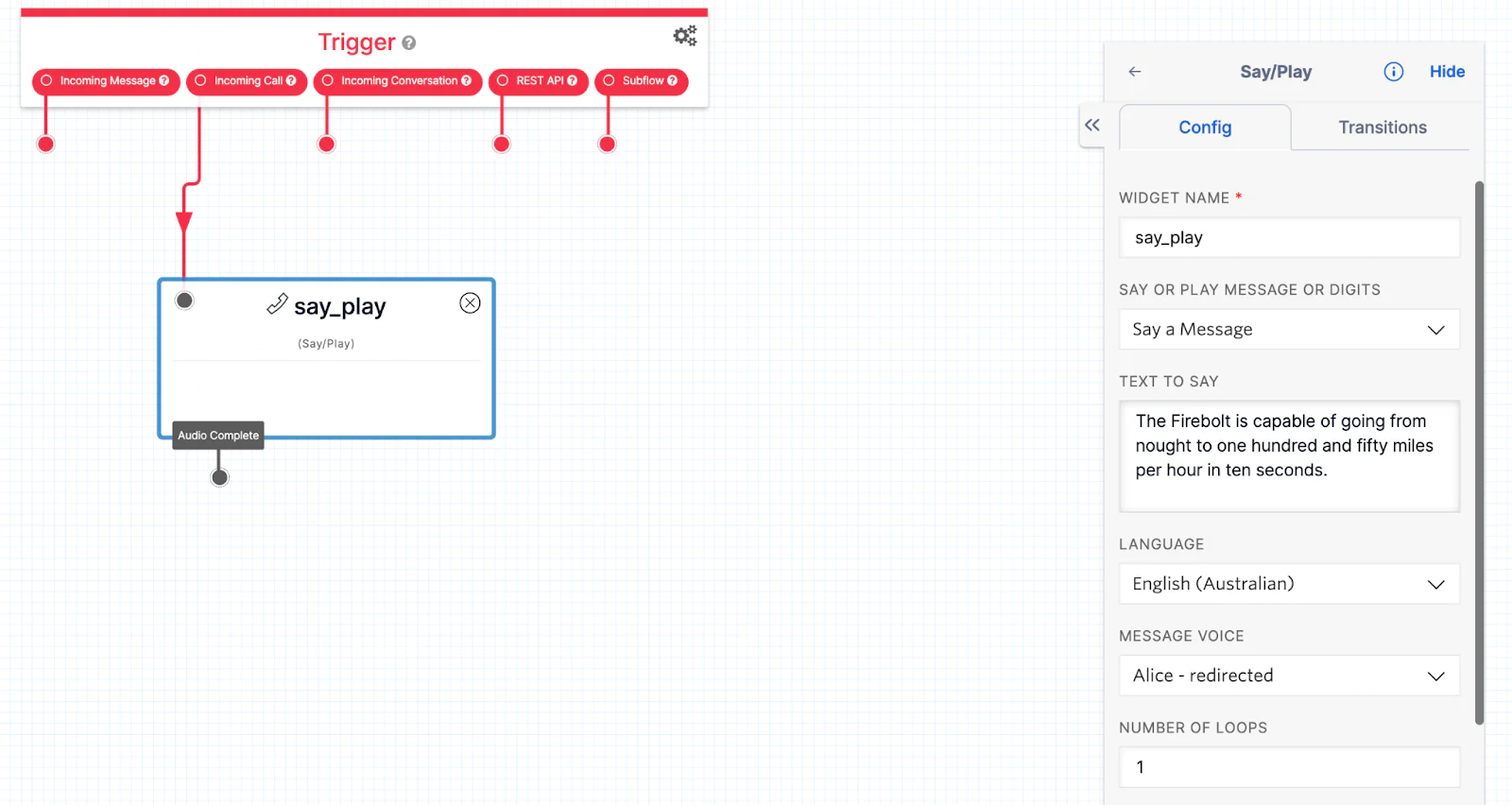 A screenshot of a Studio Flow with a Say Widget in the Twilio Console. A screenshot of a Studio Flow with a Say Widget in the Twilio Console.