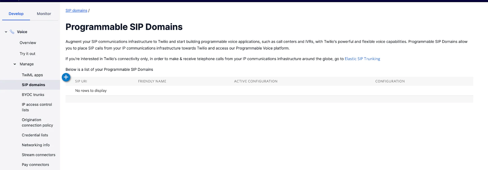 A screenshot of the Programmable SIP Domains page in the Twilio Console.
