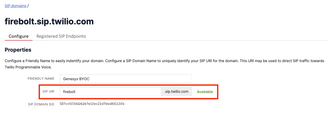 A screenshot of the Create A SIP Domain screen in the Twilio Console, with a unique SIP URI that is showing to be Available. A screenshot of the Create A SIP Domain screen in the Twilio Console, with a unique SIP URI that is showing to be Available.