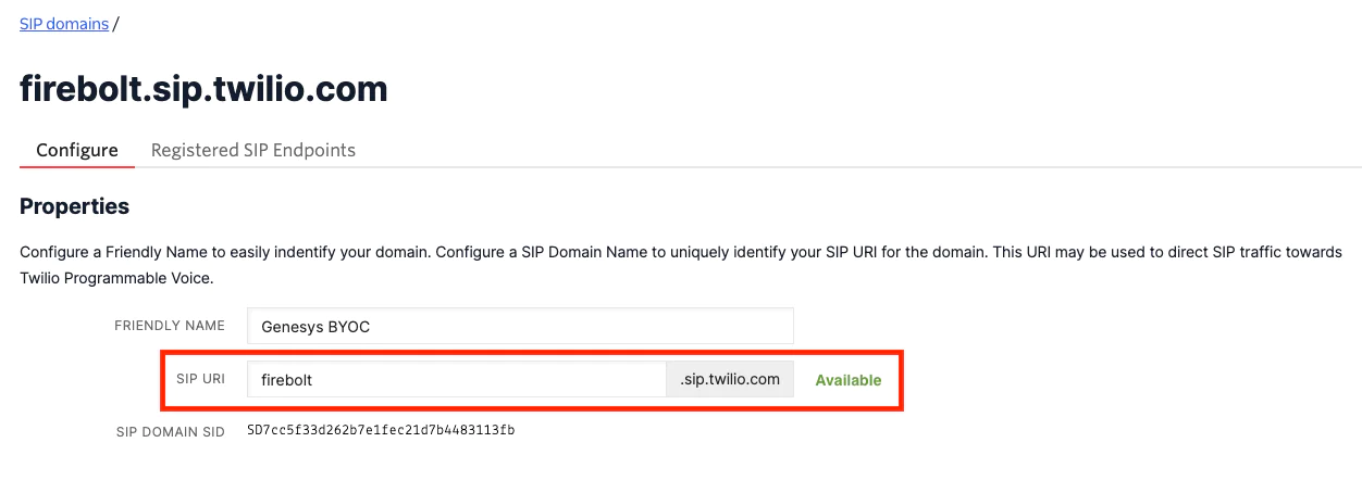 A screenshot of the Create A SIP Domain screen in the Twilio Console, with a unique SIP URI that is showing to be Available.