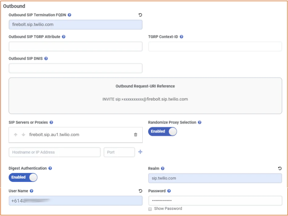 A screenshot of the Outbound SIP Termination settings in Genesys Cloud with Authentication enabled. A screenshot of the Outbound SIP Termination settings in Genesys Cloud with Authentication enabled.
