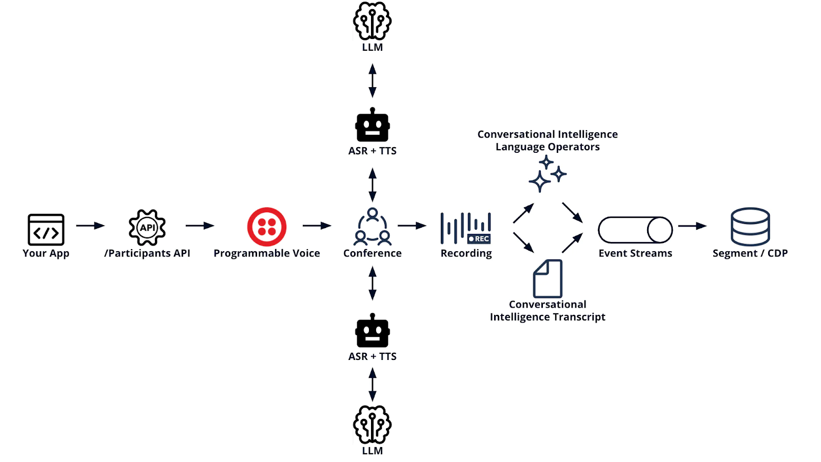 Workflow diagram showing the process of conversational intelligence from app input to data storage.