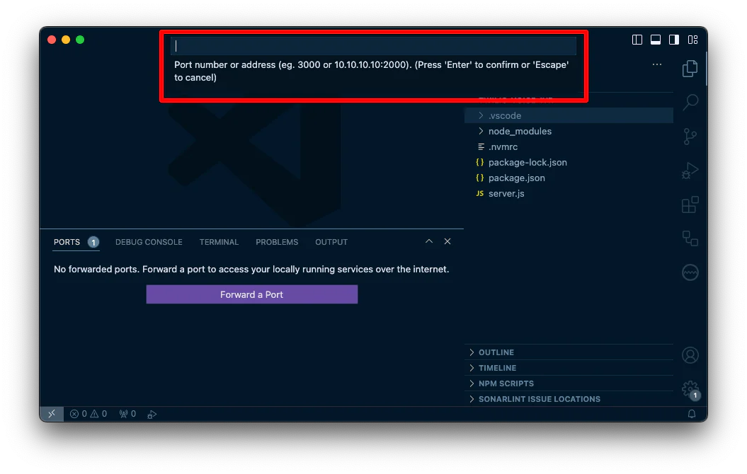 A screenshot of VS Code after entering "Forward a port" in the command palette. It shows a box that is asking for a "Port number or address (e.g. 3000 or 10.10.10.10:2000)". A screenshot of VS Code after entering "Forward a port" in the command palette. It shows a box that is asking for a "Port number or address (e.g. 3000 or 10.10.10.10:2000)".