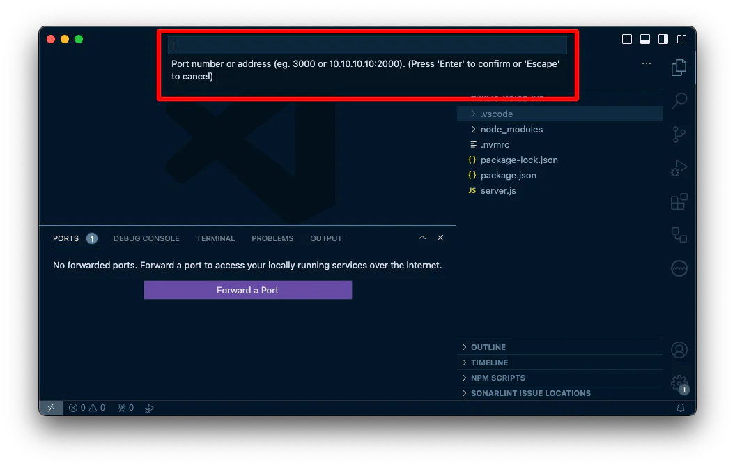A screenshot of VS Code after entering "Forward a port" in the command palette. It shows a box that is asking for a "Port number or address (e.g. 3000 or 10.10.10.10:2000)".